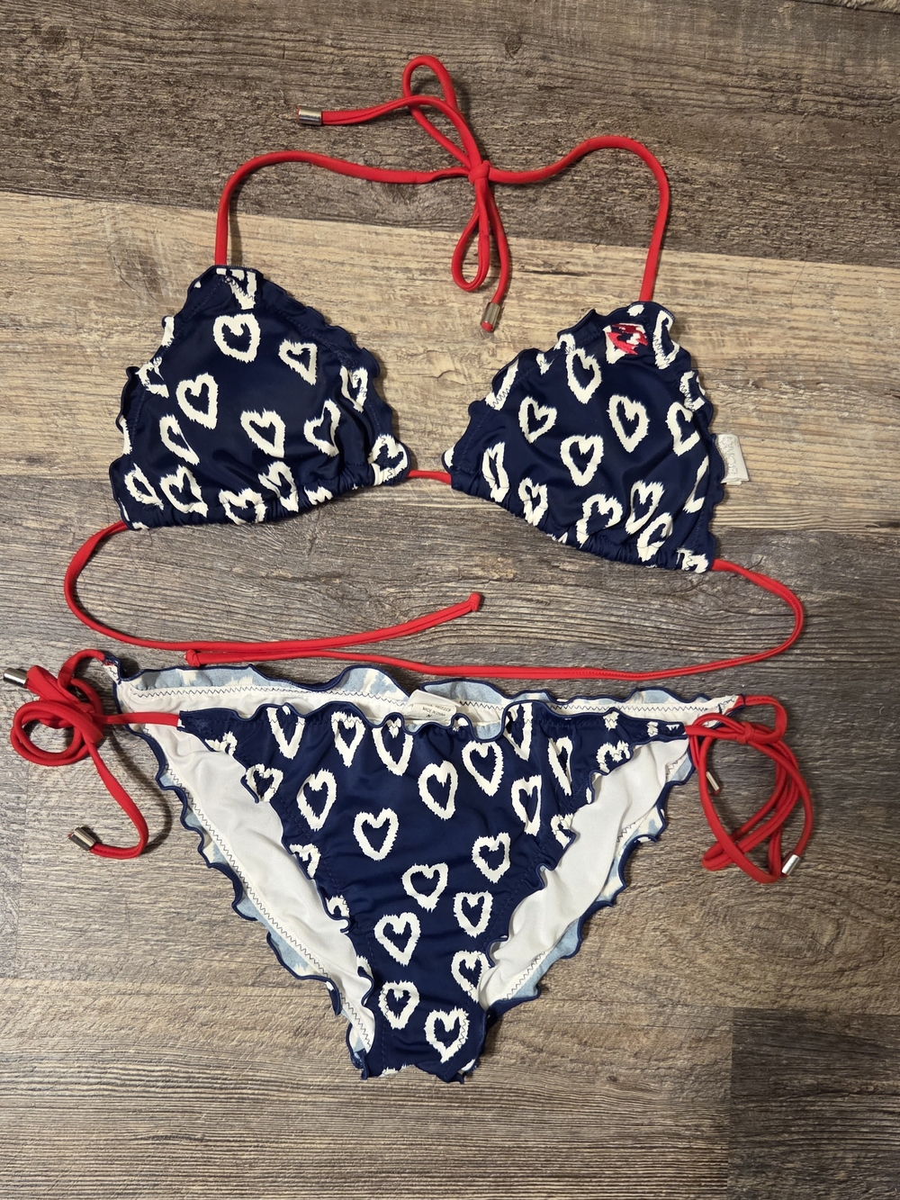 Billabong Navy Heart Print Bikini with Red Ties